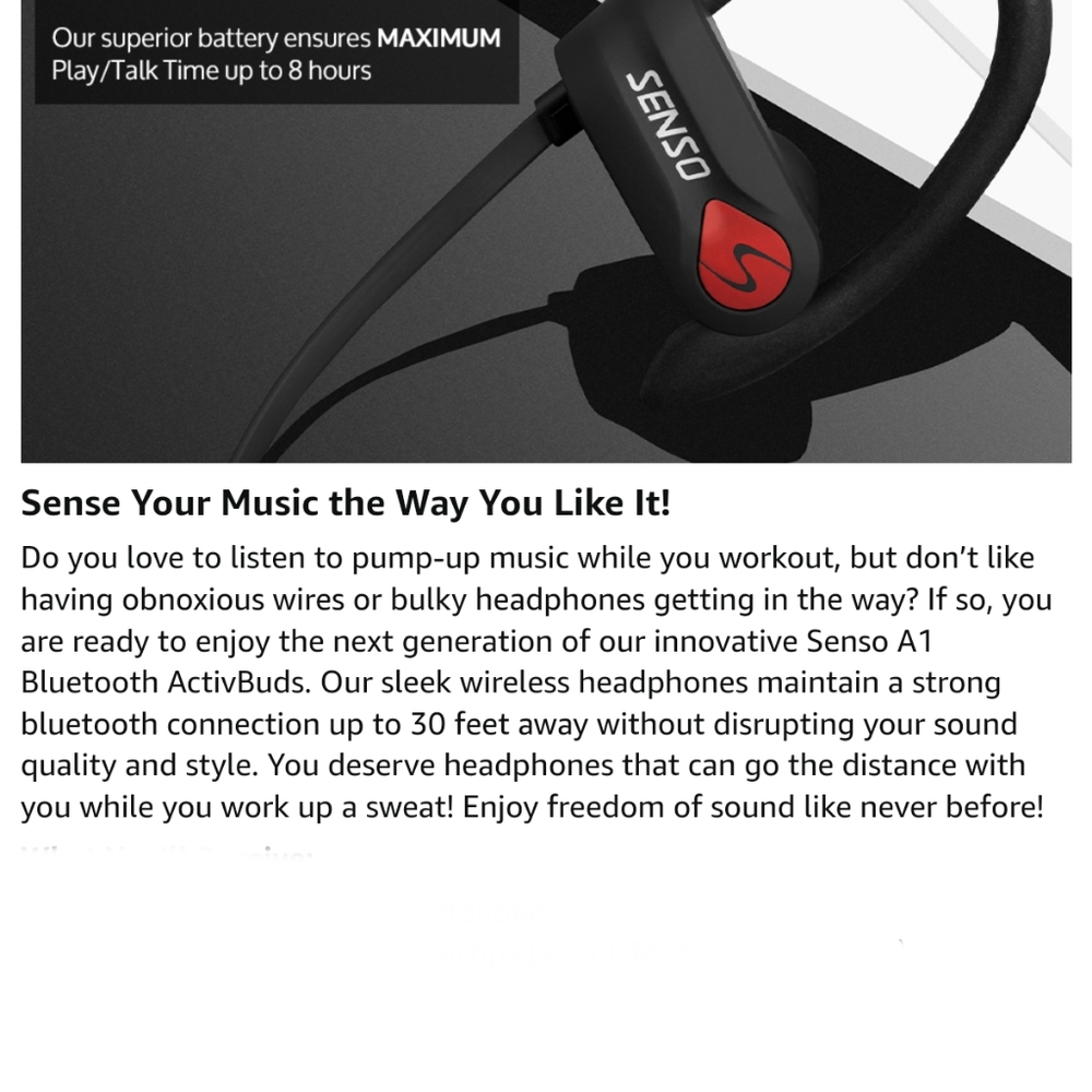 SENSO Over the ear Bluetooth ActivBuds, Up to 30', used once!